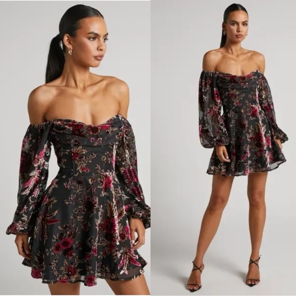 Showpo. Dresses & Skirts - Showpo Jessell Mini Dress Long Sleeve Corset Cowl Black Floral Print Size 16 NWT